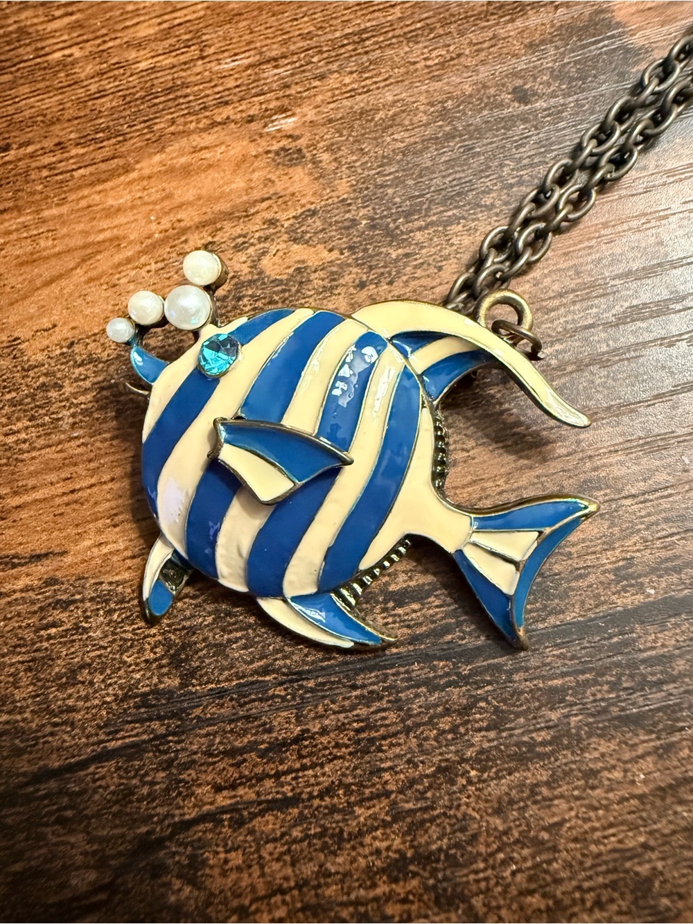 Betsey Johnson Blue and Cream Striped Fish Pendant Necklace